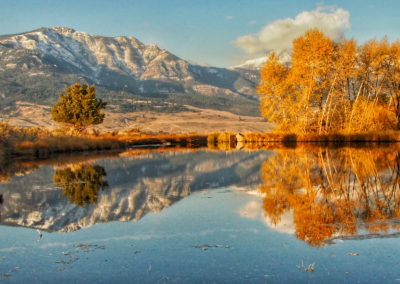 Autumn reflection in pond with Yellowstone's Sepulcher Mountain in the distance